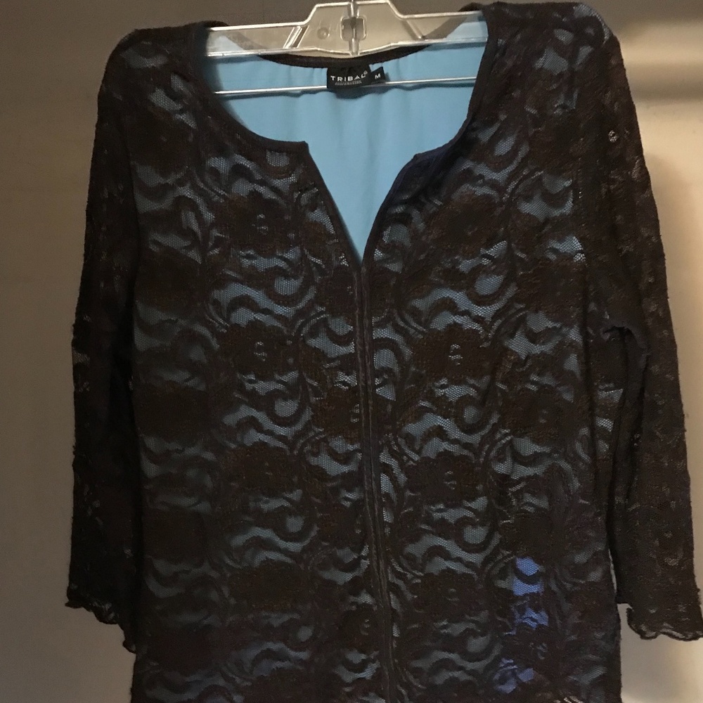 Tribal Lace Brown and Blue top blouse